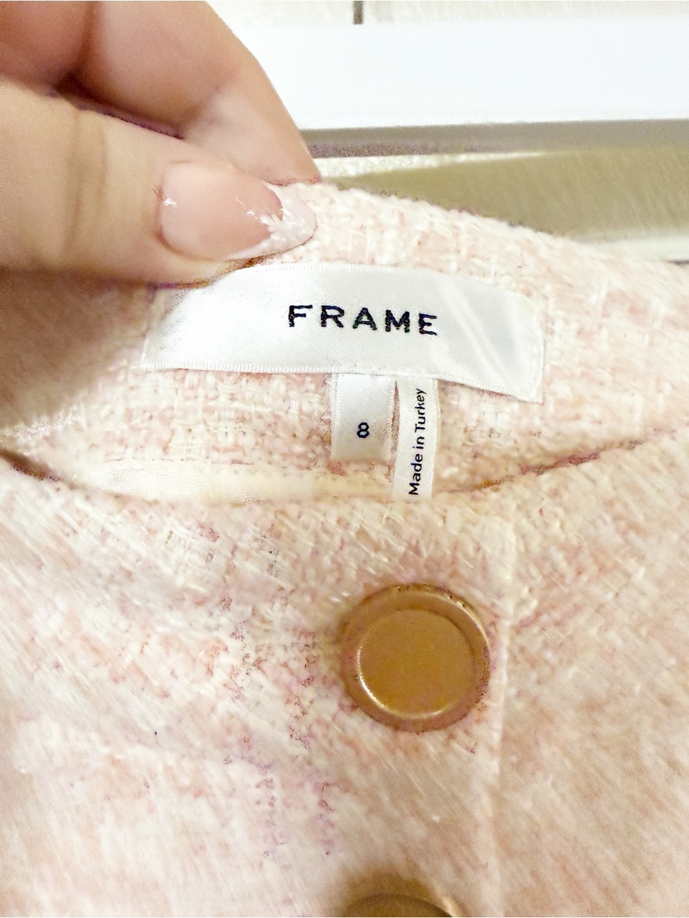 Frame The Tweed Light Pink Gold Button Front A-Line Mini Skirt NEW Size 8 - Picture 9 of 13